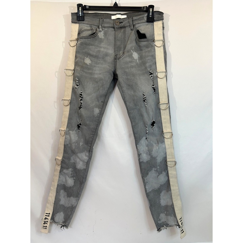 KDNK Distressed Bleached Ring Jeans Paint Splatter Accents Gray Wash Size 32/31